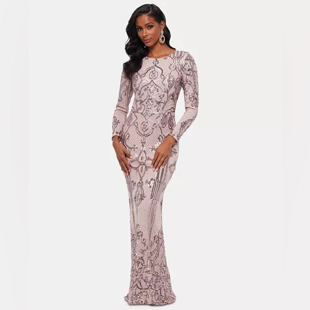 Elegant Long Sleeve Sequin Evening Gown - Pink